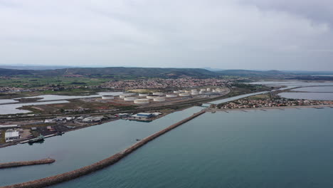 Oil-containers-Frontignan-canal-aerial-drone-view-cloudy-day-France